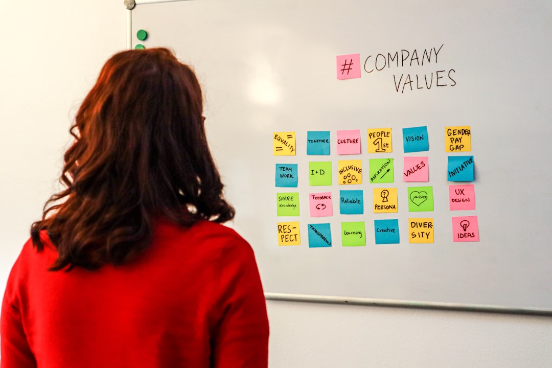 services-04 A woman standing before a white board displaying the company values